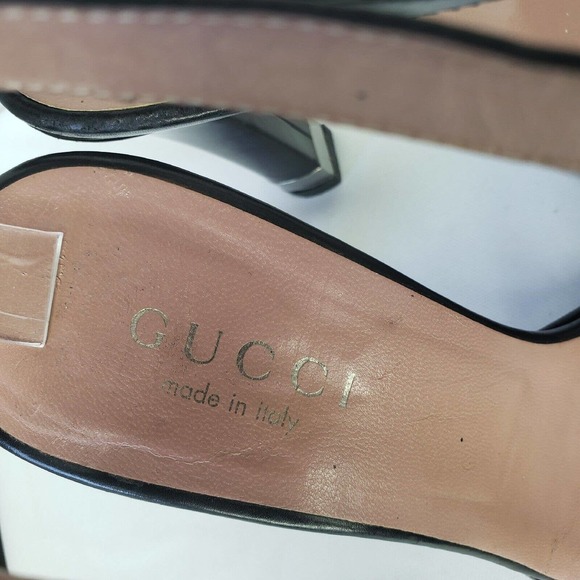 GUCCI Size 7.5 Black Leather Ankle Strap Heel Logo Plate Open Toe Sandals Shoes - Picture 9 of 13